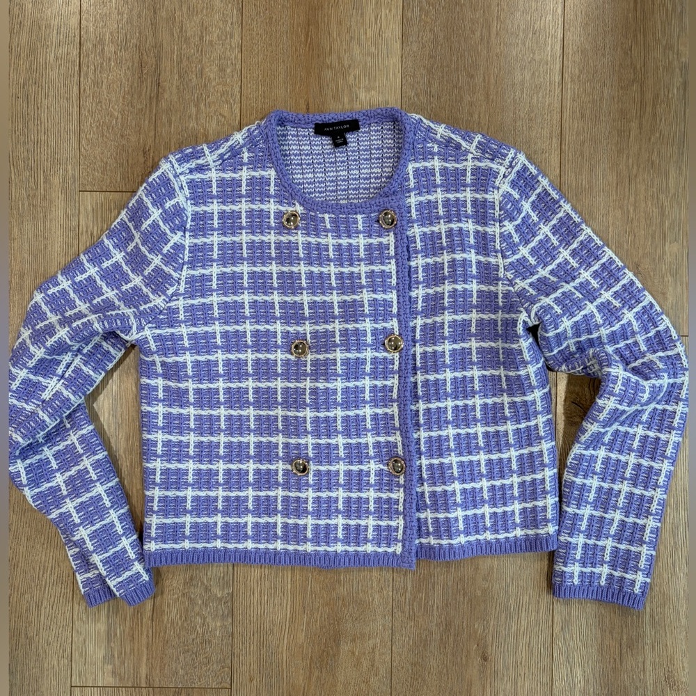 Ann Taylor Lavender Tweed Knit Cardigan Women’s Medium Cropped Button Jacket - Picture 6 of 10